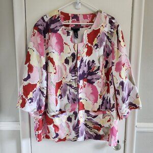 Maggie Barnes Women's 2X Jacket Linen Blend Blazer Flowers Purple Pink Red Plus